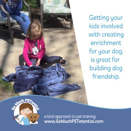 Getting your kids involved with creating enrichment for your dog, is great for building dog friendship. 

Pictured:  for her dog's enrichment, this girl is hiding pieces of food in a blanket